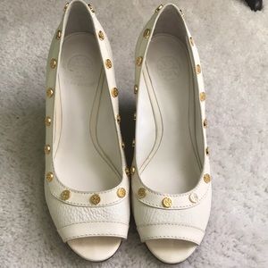 Tory Burch White Wedges with Gold Hardware